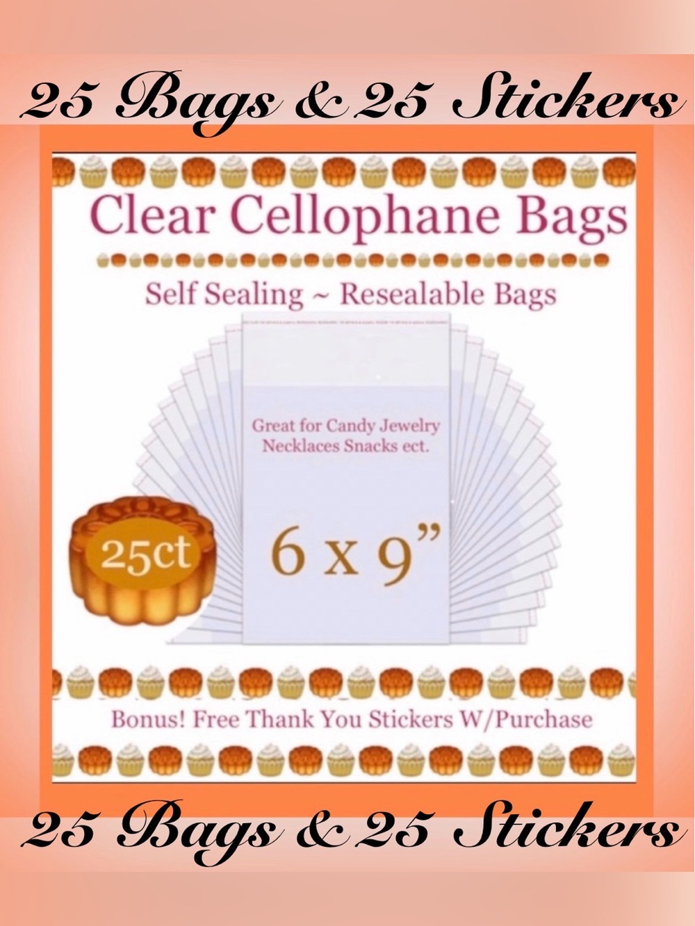 25ct~6’x9’ Crystal Clear Cello Bags w/25ct Free Thank You Stickers 🍃🆕🍃